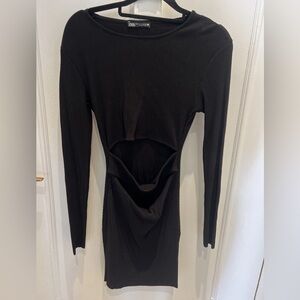 Zara Black Ribbed Long Sleeve Bodycon Dress with Cutout